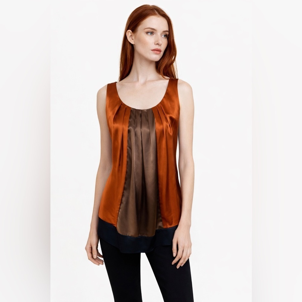 Simply Vera Vera Wang Womens Small Copper Brown Satin Colorblock Belted Top
